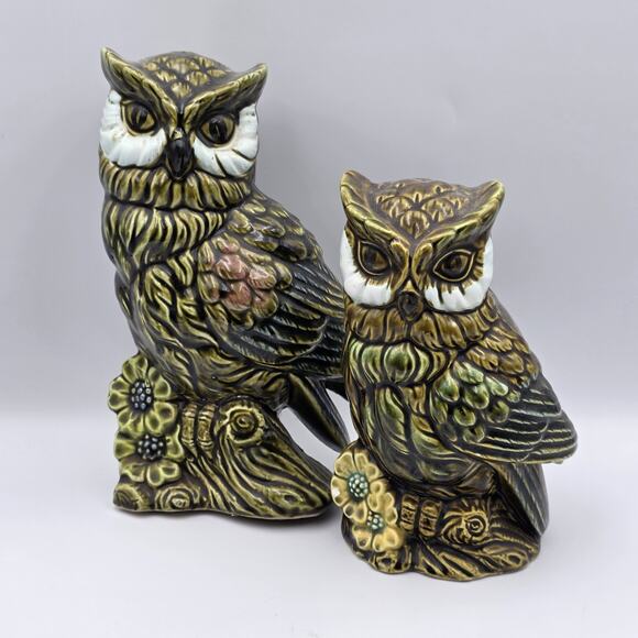 Vintage Pair MCM Owl on Branch Ceramic Planter / Vase - Japan - Picture 1 of 7